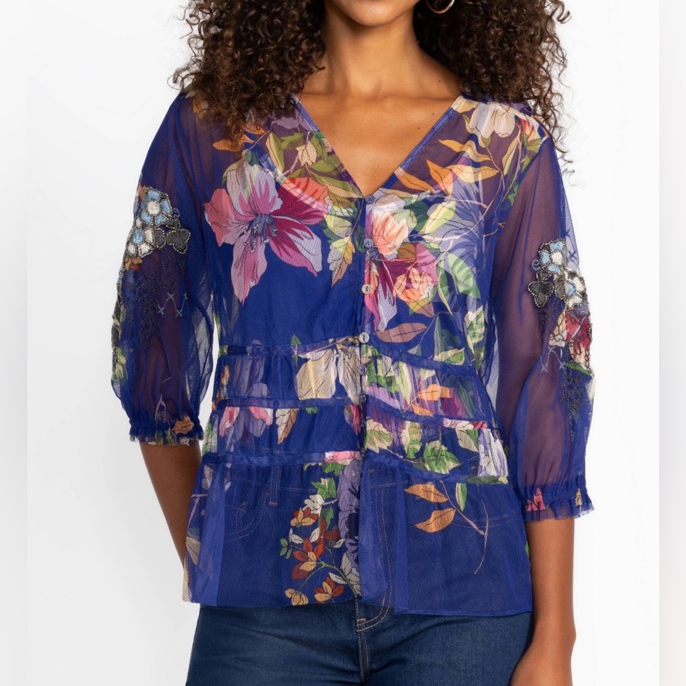 Johnny Was Mazzy Ruched Blouse Floral Size Small NWT